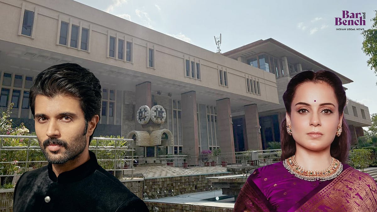 Bar & Bench's graphic for the Delhi High Court hearing of the Deverakonda and Kangana Ranaut pleas