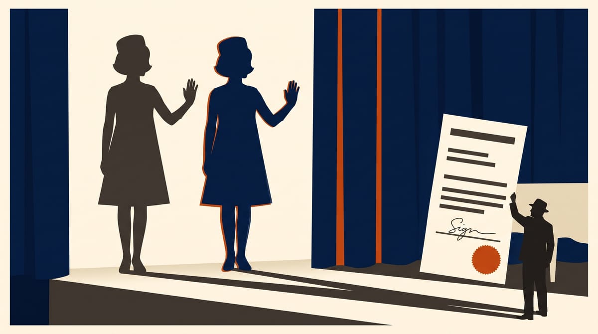 Editorial illustration: a silhouette and its blue double facing each other beside a large signed permission form