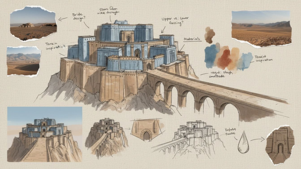 Exterior view of the Alamut fortress set from the series, as shown in the press material