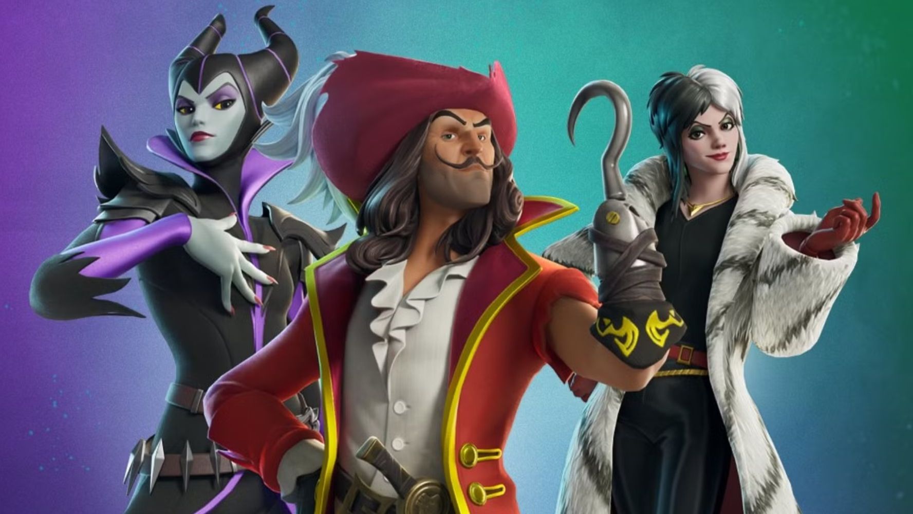 Fortnite cosmetics based on Disney villains Maleficent, Captain Hook and Cruella De Vil