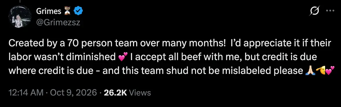Grimes's X post defending the human team behind the video