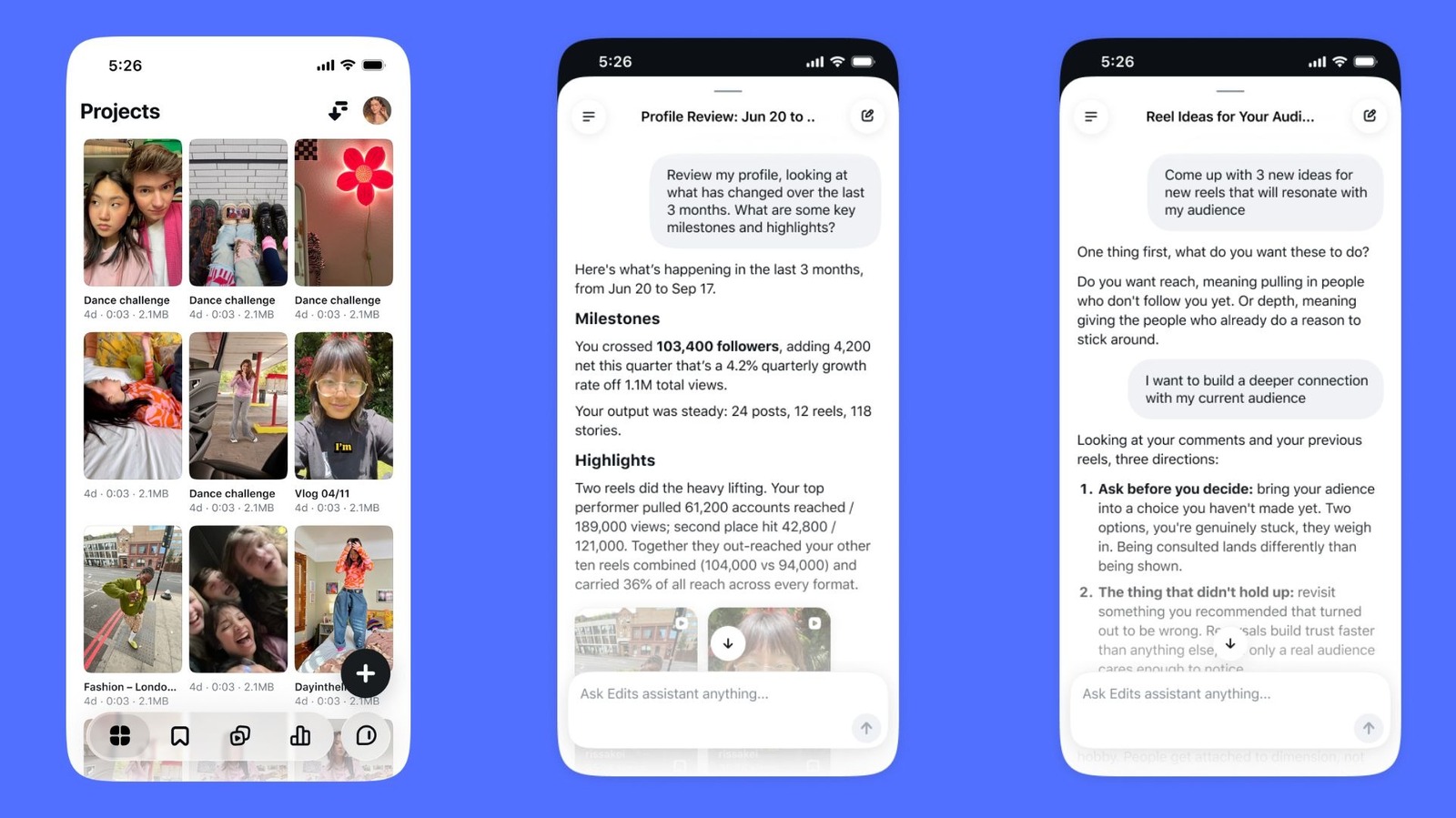 Image for Meta adds an AI assistant to Edits that reads creators' Instagram stats and pitches ideas