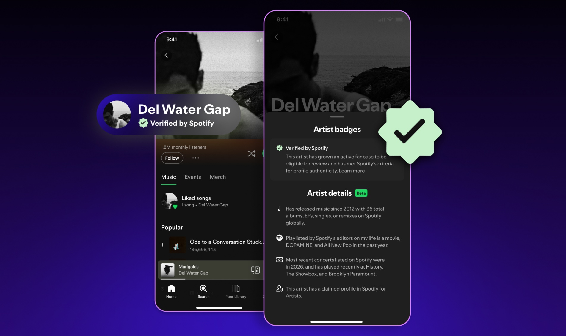 Image for Spotify's 'Verified by Spotify' badge marks artist profiles as belonging to real people